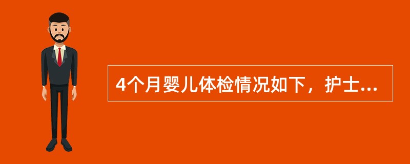 4个月婴儿体检情况如下，护士认为哪项发育可能异常()