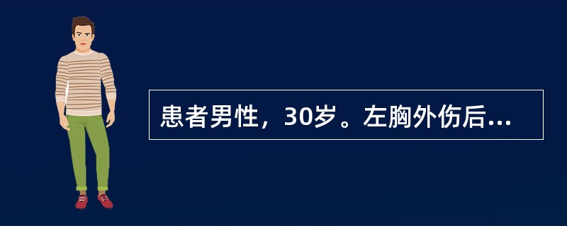 患者男性，30岁。左胸外伤后肋骨骨折，呼吸极度困难，发绀，烦躁不安。查体：脉搏细速，BP84/62mmHg，皮肤湿冷，气管右移，颈静脉充盈，头颈部和右胸皮下气肿，左胸廓饱满，肋间隙增宽，呼吸幅度降低，