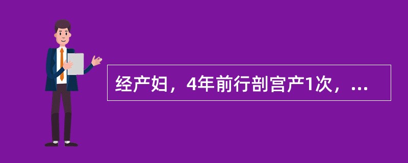 经产妇，4年前行剖宫产1次，现孕37周，产程中产妇感到腹痛剧烈。查：宫高34cm，胎位LOA，头浮，胎心152次／分，宫缩50s/2min强，子宫体部平脐部位凹陷，产妇烦躁不安，血压124/80mmH