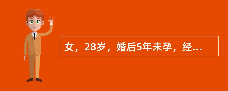 女，28岁，婚后5年未孕，经期腹痛3年。平素月经规律，近3年出现经期腹痛，并渐进性加重。男方精液检查未见明显异常。妇科检查：外阴、阴道、宫颈未见异常；子宫后倾后屈位，大小正常，后壁颈峡部可及触痛性结节