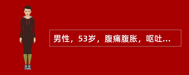 男性，53岁，腹痛腹胀，呕吐胃内容物及胆汁3小时。近4个月来时有腹胀，大便带黏液，大便次数增加，每日2～3次，无排便不尽及里急后重感。体检：T36℃，P90次／分，Bp115/70mmHg；腹膨隆，未