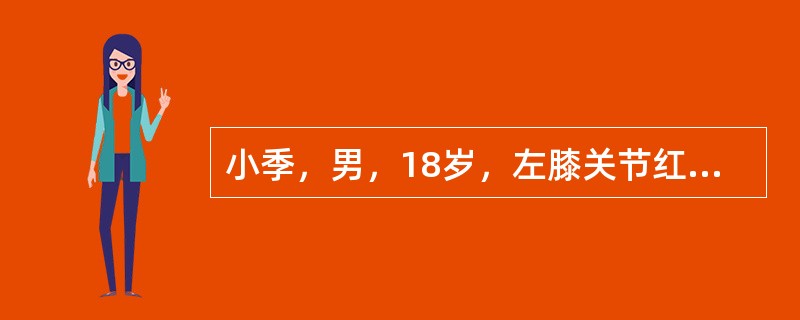 小季，男，18岁，左膝关节红肿、热、痛1周，伴高热、寒战。查体：左膝关节肿胀、拒压，浮髌试验阳性，周围血白细胞计数为30×109/L，关节液检查可见白细胞。</p><p class=