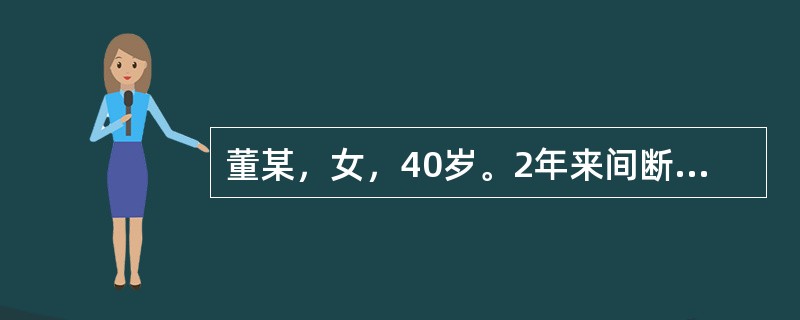 董某，女，40岁。2年来间断出现颜面和双下肢水肿，1周来因劳累后水肿加重，伴尿少，无发热。血压165/105mmHg。尿蛋白(++)，尿红细胞(++)，颗粒管型(+)，血尿素氮和血肌酐基本正常。既往无