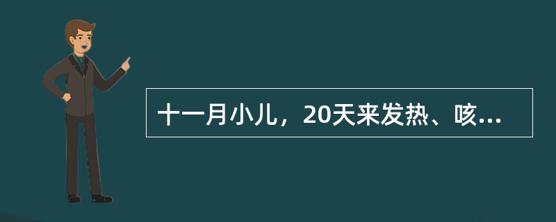 十一月小儿，20天来发热、咳嗽、呼吸促、1周来嗜睡、烦躁、厌食、间断呕吐、查体：体温、38.8℃，嗜睡，营养差、前囟膨隆，颈抵抗不明显，PPD实验（一），脑脊液检查WBC升高，外观。呈毛玻璃状，糖和氯