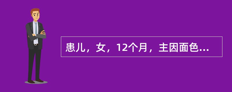 患儿，女，12个月，主因面色苍白1个月住院。1个月来，家长发现患儿面色苍白越来越重，食欲减退，且大便次数多。患儿系早产儿，生后以人工喂养未加辅食。体检：发育营养尚可，皮肤粘膜苍白，心前区Ⅱ级收缩期杂音