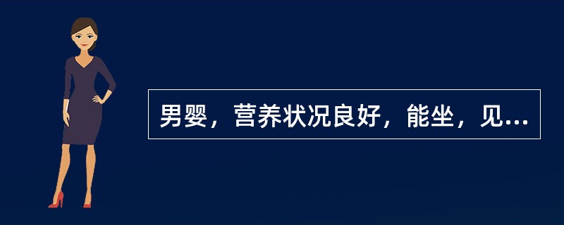 男婴，营养状况良好，能坐，见生人即哭，前囟2cm×2cm两个中切齿正在萌出。其身长约