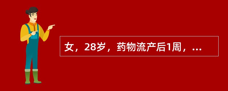 女，28岁，药物流产后1周，阴道血性分泌物淋漓不净，伴下腹隐痛，白带有血丝。妇科检查：子宫稍大稍软，压痛(+)，双附件可触及大拇指大小的肿块，明显压痛，体温37.8℃，血Hb110g／L，WBC17×