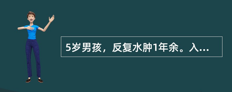 5岁男孩，反复水肿1年余。入院后查：尿蛋白（++～+++），红细胞0～10个／HP，血尿素氮15mmoL／L，血浆总蛋白为42g／L，白蛋白15g／L。本例患儿诊断首先考虑