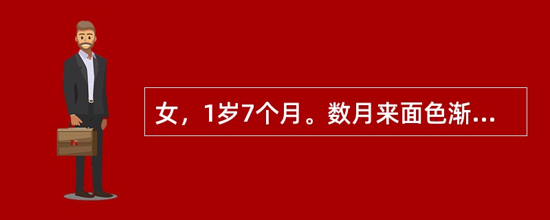 女，1岁7个月。数月来面色渐欠红润，易疲乏，越来越不活泼，食欲减退，曾吃过墙皮等，体重不增。该患儿出牙晚(1岁零10d方萌出)，至今以流食和半固体食物为主，食谱较窄。一般可，体重10kg，口唇、甲床、