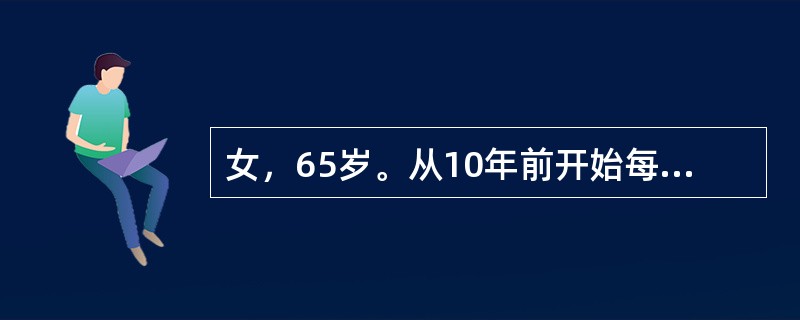 女，65岁。从10年前开始每年冬季都有咳嗽、咳痰、呼吸困难、气喘等症状。近2年加重，稍微活动就会出现气短症状，体重减轻，并有轻度贫血，吃海鲜会出现呼吸急促的症状。该患者现在每天服用茶碱药物，病情有所缓