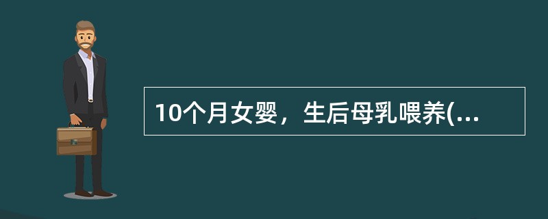 10个月女婴，生后母乳喂养(母以素食为主)，面色苍白不喜动2个月、查体精神呆滞，面色苍黄、头发稀疏黄软，肝肋下0.5cm，脾未触及。RBC2.5×10/L，Hb60g/L，MCV96fl，网织红细胞0