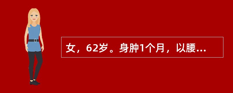 女，62岁。身肿1个月，以腰以下为甚，脘腹胀闷，纳呆便溏，面色萎黄，神倦，肢冷畏寒，尿少，舌淡苔白腻，脉沉弱。应辨证为