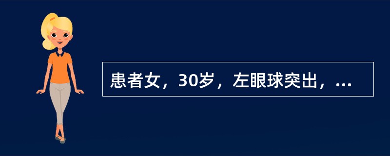 患者女，30岁，左眼球突出，运动障碍7个月。MRI平扫示左肌锥内等T信号影（下图）。增强扫描示均匀增强，眼肌、眼环正常。<img src="https://img.zhaotiba.c