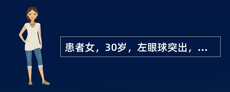 患者女，30岁，左眼球突出，运动障碍7个月。MRI平扫示左肌锥内等T信号影（下图）。增强扫描示均匀增强，眼肌、眼环正常。<img src="https://img.zhaotiba.c