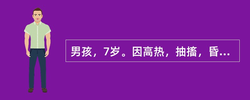 男孩，7岁。因高热，抽搐，昏迷10h于8月15日入院。体检：体温40℃，BP10.6／8kPa（80／60mmHg），面色苍白，肢端冷，发绀，颈有抵抗，心率140次／分，两肺（-）。化验：WBC35×