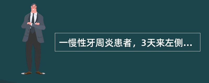 一慢性牙周炎患者，3天来左侧后牙剧烈阵发痛，夜痛不能眠，手持冷水瓶来就急诊：检查发现左侧后牙无龋坏牙，左上6Ⅰ度松动，叩痛（+），患者不能指明患牙位置，颊侧近中牙周袋7mm，X线片见左上6近中齿槽骨已