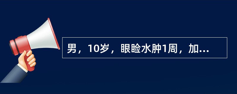 男，10岁，眼睑水肿1周，加重4天伴少尿，近1天头晕、眼花、呕吐2次，2小时前抽搐1次。体检：颜面、眼睑及下肢均水肿，BP16.5／mm120Hg。尿常规：尿蛋白（++），RBC15～20／HP，BU