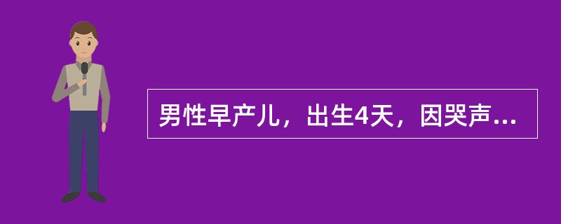 男性早产儿，出生4天，因哭声低微，不吃奶2天，发绀，呼吸规则2小时入院。查体：体温不高，呼吸不规则，发绀，哭声低微，口鼻中少许血性泡沫，全身冷，皮肤呈紫红色，双下肢、臀部、会阴、下腹部、面颊皮肤发硬，