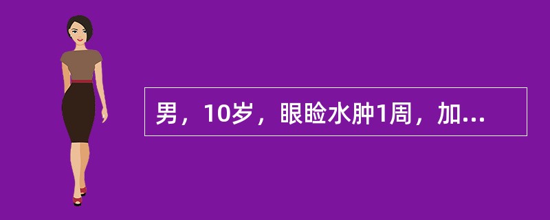 男，10岁，眼睑水肿1周，加重4天伴少尿，近1天头晕、眼花、呕吐2次，2小时前抽搐1次。体检：颜面、眼睑及下肢均水肿，BP16.5／mm120Hg。尿常规：尿蛋白（++），RBC15～20／HP，BU