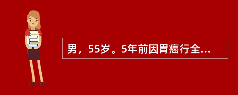 男，55岁。5年前因胃癌行全胃切除术，近1年渐感头昏、乏力，活动后心慌、气急。红细胞数5×10<img border="0" style="width: 16px;