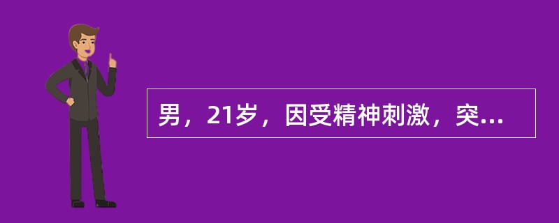 男，21岁，因受精神刺激，突然胡言乱语，哭笑无常，狂躁妄动，甚则打人毁物，舌红苔黄腻，脉滑数，属