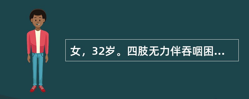 女，32岁。四肢无力伴吞咽困难3天。今晨突起呼吸困难，大汗淋漓，喉中痰鸣。查：T36℃P105次/min，R36次/min、微弱，Bp106/70mmHg；神志清楚，痛苦表情，四肢发绀，双侧周围性面瘫