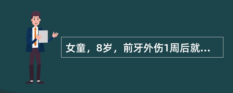 女童，8岁，前牙外伤1周后就诊。右上中切牙冠折2／3，近中达龈下1mm，露髓处探诊不疼痛，叩诊（+），出血暗红，Ⅰ度松动。X线片未见根折，根发育8期。处理方法选择（）