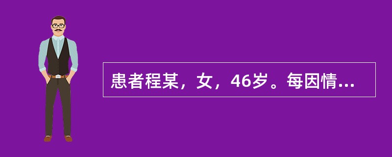 患者程某，女，46岁。每因情志恼怒时即自觉右胁部胀痛明显，胸闷气短，嗳气频作，苔白腻，脉弦。本证治疗首选