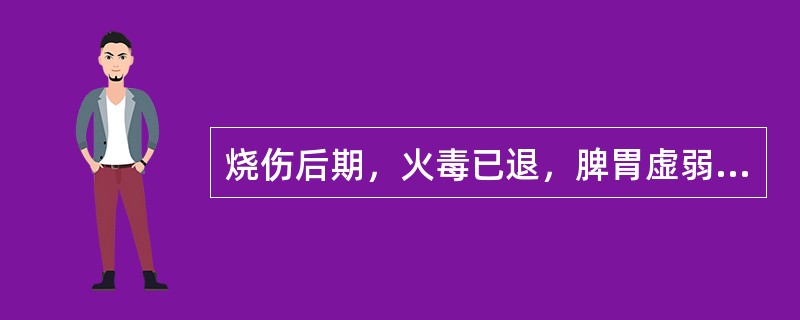 烧伤后期，火毒已退，脾胃虚弱，阴津耗损，面色萎黄，纳呆食少，腹胀便溏，口干少津，舌暗红而干，或光滑无苔，脉细数。内治方剂是