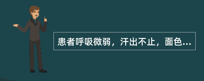 患者呼吸微弱，汗出不止，面色苍白，口开目合，手撒身软，二便失禁，脉微欲绝，舌淡苔白，证属