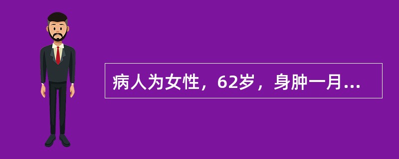 病人为女性，62岁，身肿一月，以腰以下为甚，脘腹胀闷，纳呆便溏，面色萎黄，神倦，肢冷畏寒，尿少，舌淡苔白腻，脉沉弱。应辨证为