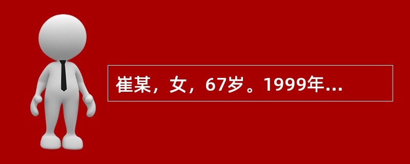 崔某，女，67岁。1999年9月16日就珍。主诉：便秘6个月。患者就诊时，已患"糖尿病"20余年，现血糖仍高(空腹血糖97毫摩尔／升)，而尤"三消"症状。近半年