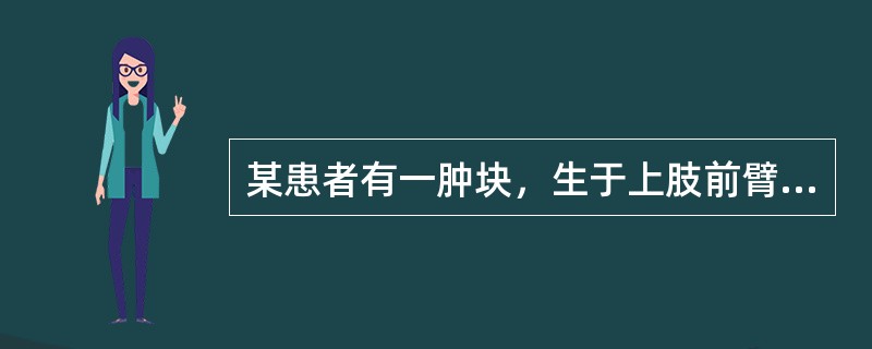 某患者有一肿块，生于上肢前臂部，呈半球形隆起，质地柔软，状如海绵，皮色紫色，按压肿块可缩小。内治方药为：