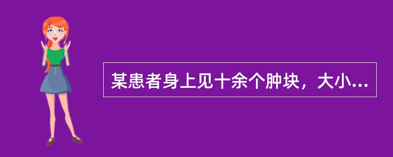 某患者身上见十余个肿块，大小不一，质地柔软，表面光滑，有囊性感，可压入皮下，放手随即弹起。内治方药为：