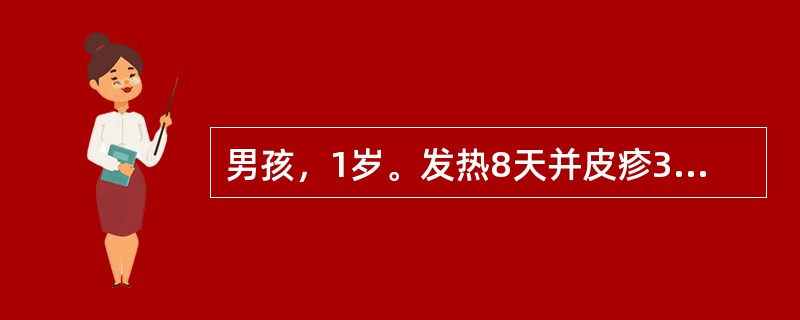 男孩，1岁。发热8天并皮疹3天入院，外用抗生素治疗7天无效。查体：T39℃，烦躁不安，全身浅红色斑丘疹，双眼结膜充血，口唇鲜红、干裂，草莓舌，右颈淋巴结蚕豆大，质硬，有压痛，双肺呼吸音粗，心率130次