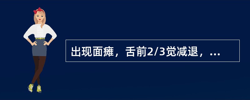 出现面瘫，舌前2/3觉减退，唾液腺分泌障碍，听觉障碍，面神经的损伤部位位于（　　）。