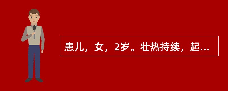 患儿，女，2岁。壮热持续，起伏如潮，肤有微汗，烦躁不安，目赤眵多，咳嗽阵作，皮疹布发，疹点由细小稀少而逐渐稠密，疹色先红后暗，皮疹凸起，触之碍手，压之退色，大便干结，小便短少，舌质红赤，苔黄腻，脉数有