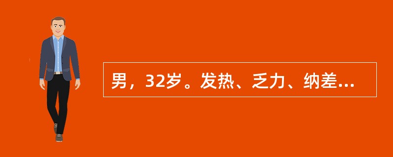 男，32岁。发热、乏力、纳差、腹胀2个月。体温最高T37.9℃。查体：T37.5℃，P80次/分，R18次/分，BP120/80mmHg。双肺呼吸音清，未闻及干湿性啰音，心律齐，腹壁柔韧感，移动性浊音