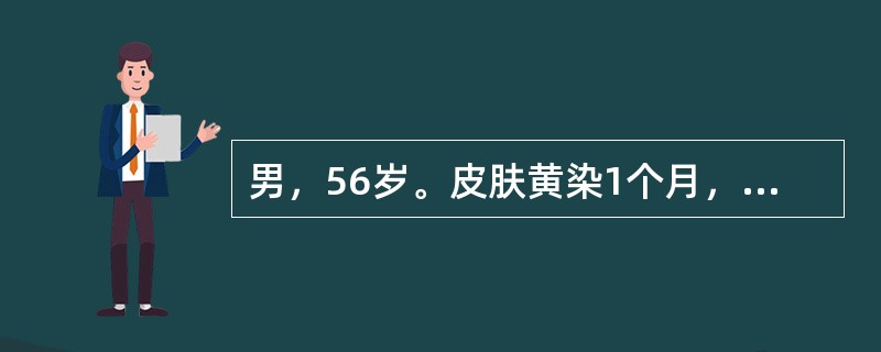 男，56岁。皮肤黄染1个月，逐渐加深，伴皮肤瘙痒，大便灰白色，无发热。查体：T36.8℃，P85次/分，R18次/分，BP130/80mmHg，巩膜、皮肤黄染，双肺呼吸音清，未闻及干湿性啰音，心律齐。