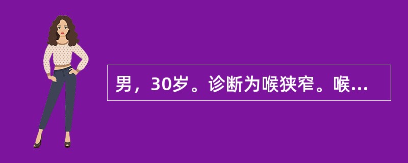男，30岁。诊断为喉狭窄。喉狭窄是各种原因引起的后部瘢痕组织所致，影响呼吸和发声功能。喉腔最狭窄的部位是