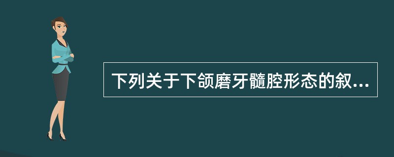 下列关于下颌磨牙髓腔形态的叙述中，正确的是