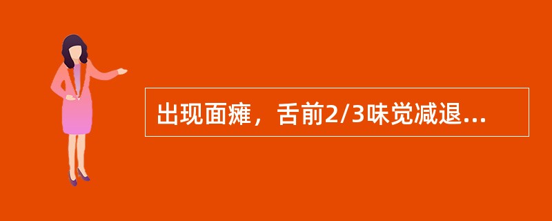 出现面瘫，舌前2/3味觉减退，唾液腺分泌障碍，听觉障碍。面神经的损伤部位位于