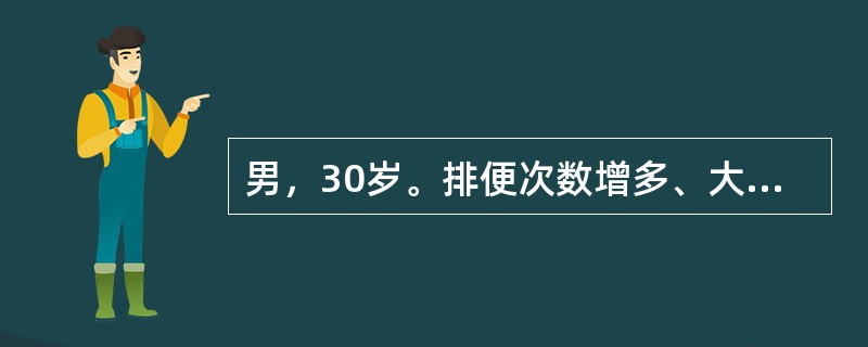 男，30岁。排便次数增多、大便带血1个月。无腹痛、发热，无体重变化。查体：T36.5℃，P80次/分，R18次/分，BP120/80mmHg。浅表淋巴结未触及。双肺呼吸音清，未闻及干湿啰音，心律齐，腹