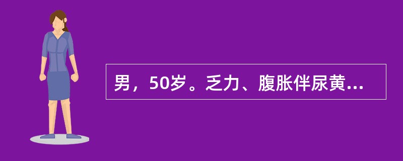 男，50岁。乏力、腹胀伴尿黄1月余，15年前检查HBsAg（＋），肝功能反复异常，但未诊治。既往有食管一胃底静脉曲张破裂出血史。查体：皮肤、巩膜重度黄染，肝掌及蜘蛛痣（＋），腹腔积液征（＋）。实验室检