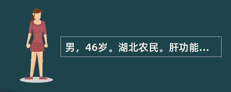 男，46岁。湖北农民。肝功能反复异常10余年。1个月来出现腹胀，尿黄。查体：面色晦暗，巩膜黄染，见肝掌及蜘蛛痣，腹水征（+）。实验室检查：ALT180U/L，TBIL37μmol/L，PTA60%，H