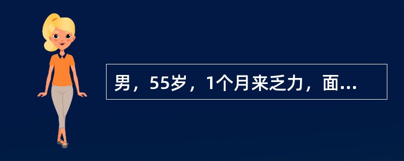 男，55岁，1个月来乏力，面色苍白，体重下降6kg，既往体健，化验Hb60g/L，RBC3.0×1012/L，WBC8.2×109/L，PLT310×109/L，外周血涂片见红细胞中心淡染区扩大，患者