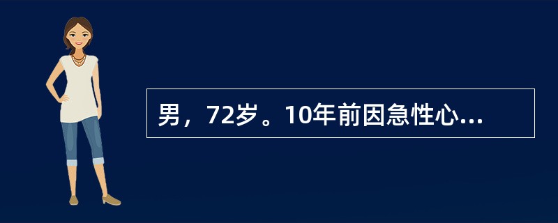 男，72岁。10年前因急性心肌梗死住院。5年前出现活动后气短，夜间憋醒。近1年双下肢水肿、少尿。查体：BP140/90mmHg，颈静脉怒张，双下肺可闻及细湿啰音。心界向两侧扩大，心率110次/分，肝肋