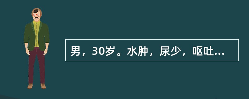 男，30岁。水肿，尿少，呕吐2个月。查体：血压160/100mmHg。检查：尿蛋白(＋＋＋)，红细胞5～8个／HP，白细胞8～10个/HP，颗粒管型5～10个/HP，BUN29mmol/L，Cr860