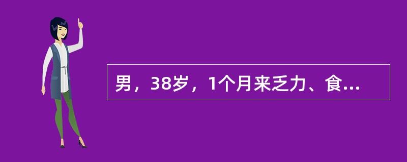 男，38岁，1个月来乏力、食欲缺乏、左上腹胀痛。查体：肝肋下3cm，脾肋下10cm，血红蛋白70g/L，白细胞26×109/L，血小板210×109/L，白细胞分类：中性粒及晚幼粒细胞为主，中性粒细胞