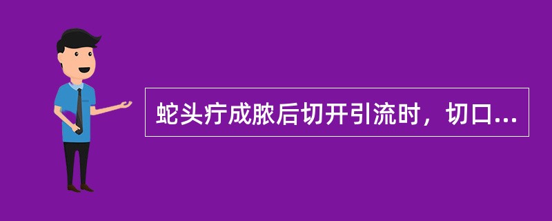 蛇头疔成脓后切开引流时，切口宜在（）